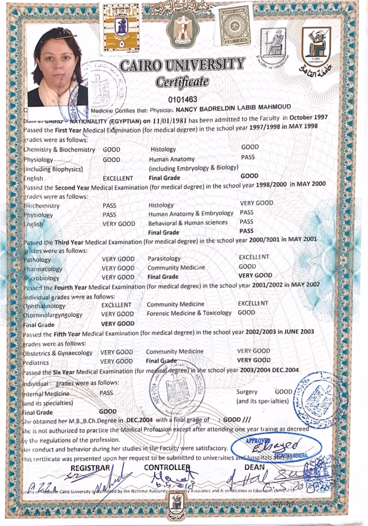 Professional certificate — page 1 for Dr. Nancy Labib